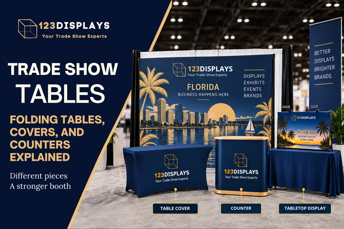 Trade show tables with branded fitted covers, table throws and portable counters