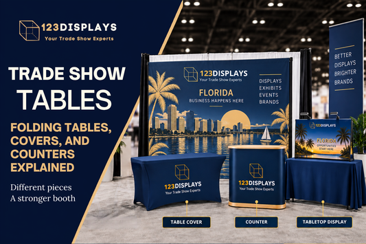 Trade show tables with branded fitted covers, table throws and portable counters