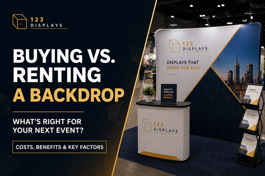 buying vs renting backdrop guide with trade show display booth and 123displays branding