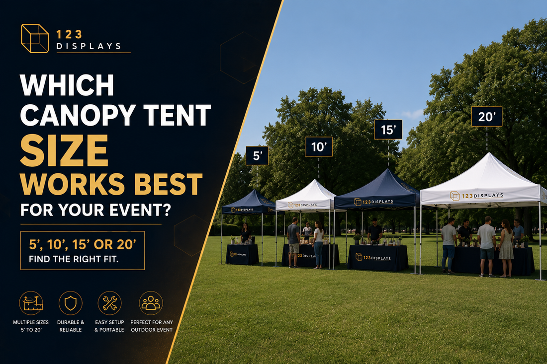 canopy tents in different sizes 5 10 15 and 20 feet shown at outdoor event with people for scale