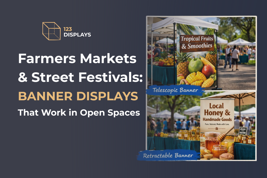 farmers markets and street festivals banner displays telescopic and retractable banners outdoor open spaces setup
