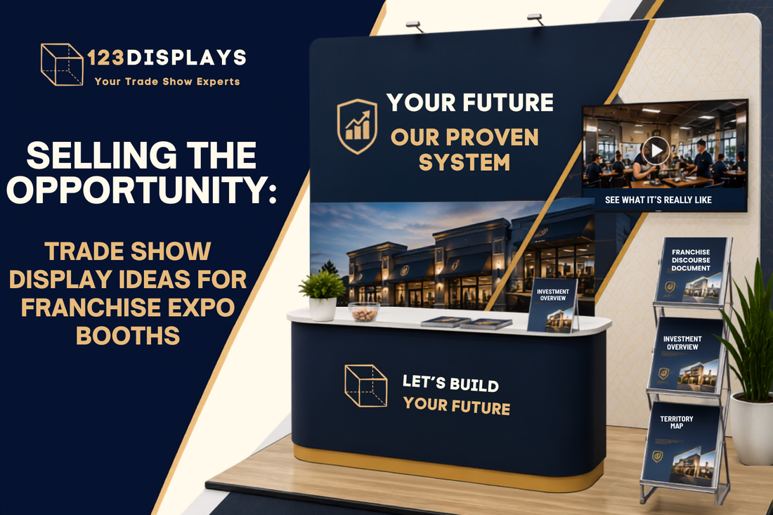 Franchise expo booth with branded backwall, video display, counter and literature rack showing trade show display ideas for franchise exhibitions