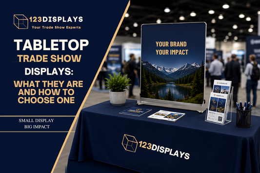 123Displays tabletop trade show displays buying guide featuring a branded tabletop exhibit for career fairs, conferences, recruiting events, and trade shows