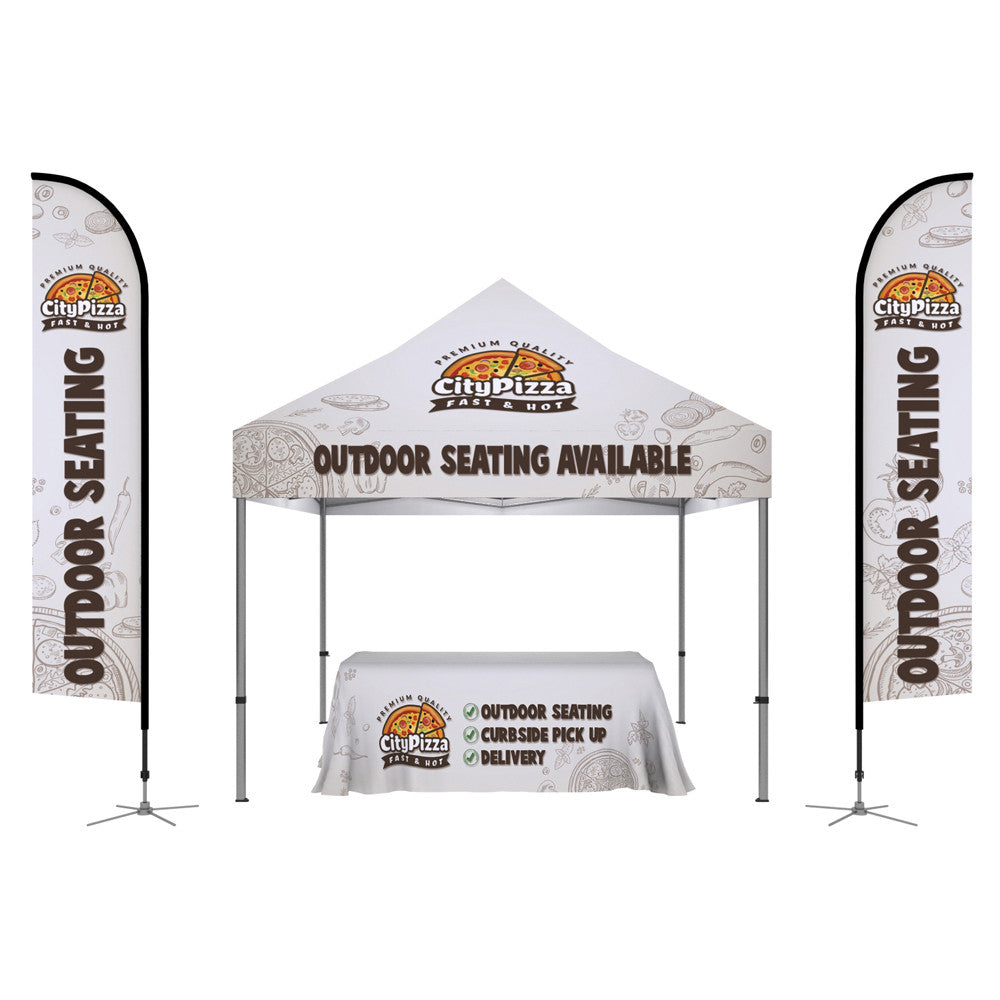 ONE CHOICE® Kit 1: 10ft Canopy Tent, two 14ft Feather Flag, and 6ft Table Throw - Ultimate Trade Show Bundle